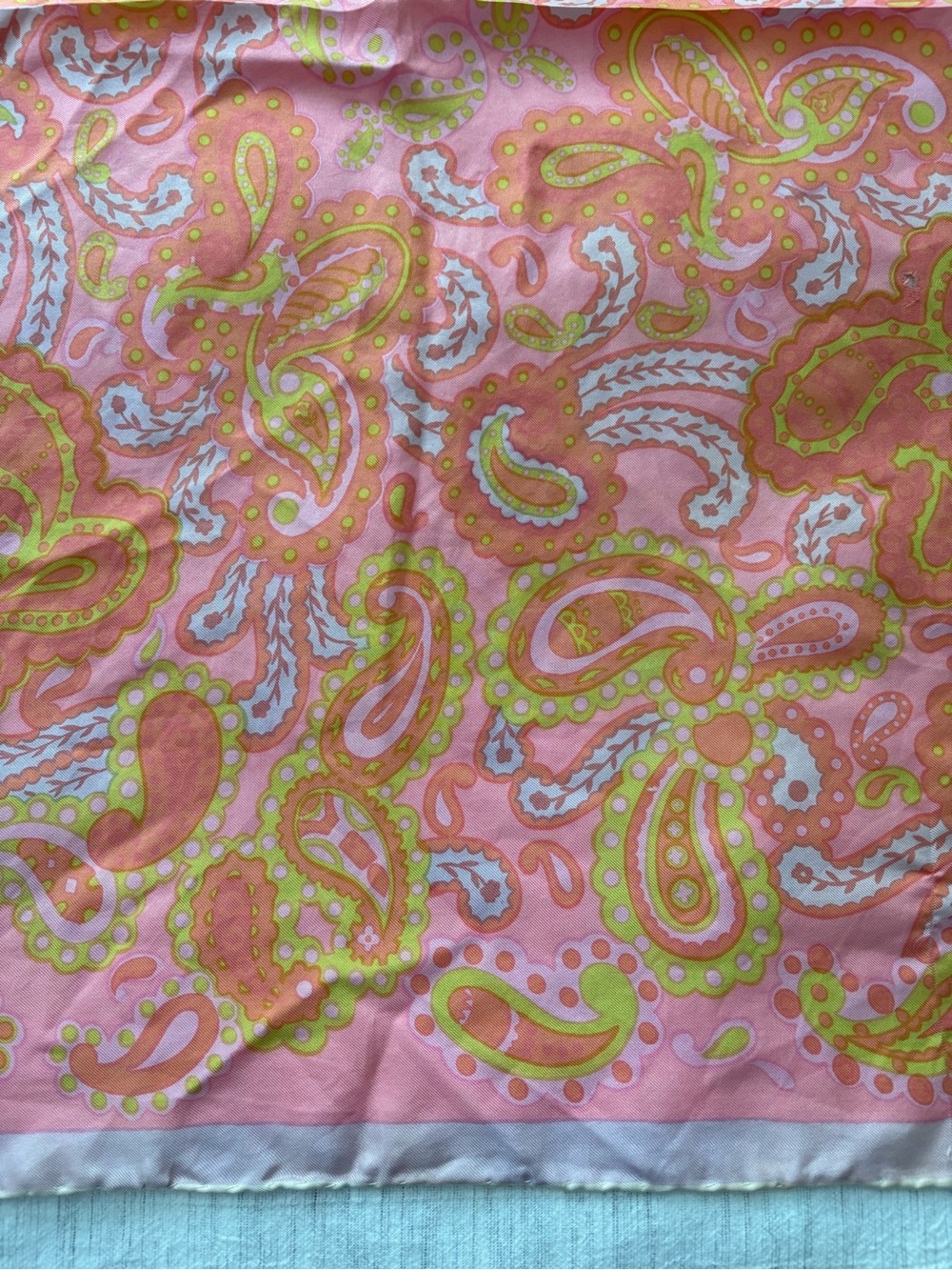 Vintage Saks Fifth Avenue Pink, Orange & Chartreuse Paisley Silk Scarf